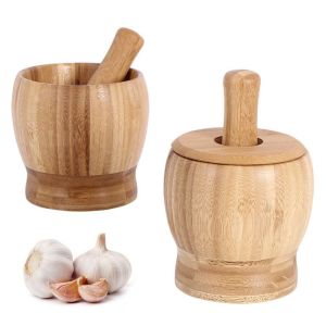 RGFV MALL Splash-proof Wooden Mortar and Pestle Set Premium Bamboo Effortless Grinding Grinding Bowl with Lid Thickened Comfortable Grip Garlic Masher Restaurant Kitchen
