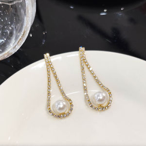 Fashionable Ring Gift 高级感超闪满镶锆石珍珠水滴耳环气质优雅时尚耳钉轻奢风长款耳饰