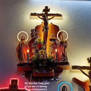 Bàn thờ gỗ công giáo mini tượng cao 30cm bàn thờ 70X45(cm) gỗ PƠ MU cao cấp trang trí bàn thờ công giáo
