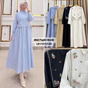 Midi Dress Bordir Bunga - Model Korean Style - Midi Dress Poplin Bordir untuk Wanita