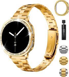 Metal Band and Bling Case Compatible with Samsung Galaxy Watch 8 Bands 40mm Elegant Tapered Stainless Steel Chain Bracelet Strap with Sparkling PC Cover for Samsung Watch 8 40mm Women