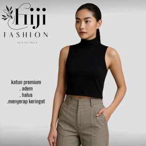 Crop Tank Top High Neck Slim Fit – Hitam Elegan | Bahan Adem & Stretch | Hiji Fashion