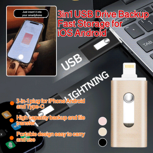 3 in 1 USB Flash Drive for iPhone Android Type C Phone High Capacity External Storage OTG USB Drive Backup Memory Stick Mobile Phone U Disk