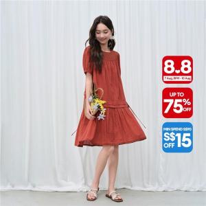 Giordano Women Broderie insert round neck tie waist dress Free Shipping 18466815