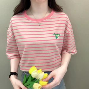 Ammin 2024 mùa hè ngắn tay thường ngày mới thêu chữ cotton đơn giản Áo Thun Nữ phiên bản Hàn Quốc màu tương phản cổ tròn sọc tình yêu thêu áo thun áo blouse thanh lịch