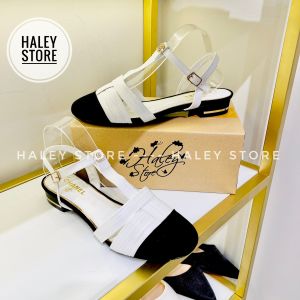 Giày sandal CN rọ trắng HALEY STORE 3cm mũi tròn đen gót vuông sang chảnh tiểu thư bền đẹp đi chơi đi tiệc đi học kỉ yếu