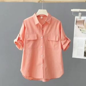 Summer Shirt Design Loose Top Women Short Sleeved Middle-Aged Cotton Short Sleeved Casual Solid Color Shirts