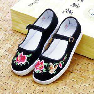 [Free Shipping] Cloth Shoes With Buckle High Heels Mom Shoes Dance Shoes Tendon Sole Low-Top Flat Comfortable Multi-Layer Sole WomenS Round-Toe Mid-Top Embroidered