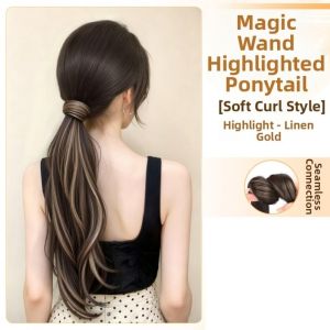 JON09 Synthetic Long Curly Ponytail Extensions 24Inch Flexible Wrap Around Pony Tail Hairpieces Daily Use Self-Winding Wave Ponytail Wig for Women