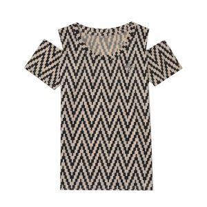 REHIN Womens top Summer new fashion hot drill ripple print strapless short-sleeved T-shirt round neck off shoulder cotton slim fit blouse