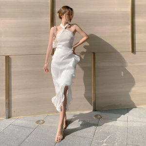 Glary Váy Đi Biển Ngôi Sao Váy Khí Chất Lá Sen Cổ Yếm Quạt Nữ Thần Đi Biển Nghỉ Mát Bên Bờ Biển Cho Nữ Váy Đuôi Cá Thon Eo