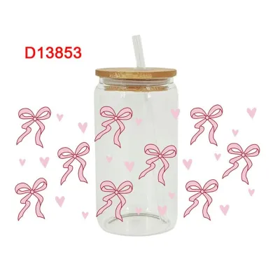 MUNCHX Waterproof UV DTF Transfer Sticker Clear Smooth Pink Bow Decals Diy Water Bottles Sticker For 16Oz Glass Cup