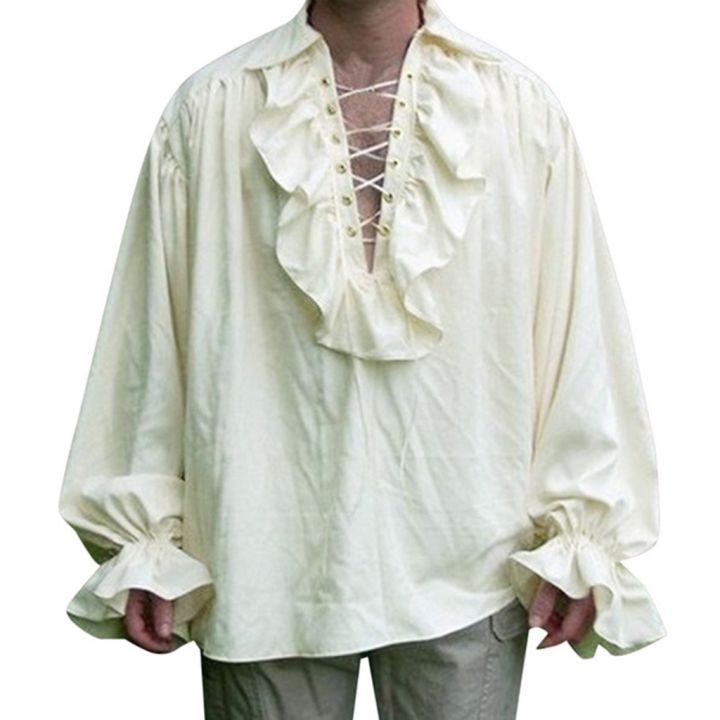 5 Pcs Men's Renaissance Costume Viking Costume Medieval Pirate Vintage Shirt Ankle Banded Pants Accessories Set(Beige-A,X-Large