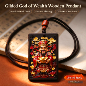 Hand‑Painted Gilded God of Wealth Wooden Pendant Necklace Oriental Fortune Blessing Amulet Fine Relief Craft Jewellery Aksesori Lelaki & Perempuan for Daily Wear & Gift
