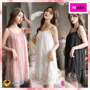 OKE GALLERY ♕ OG 124 Set Dress Lingerie Wanita Bahan Lace Baju Tidur Tanpa Lengan