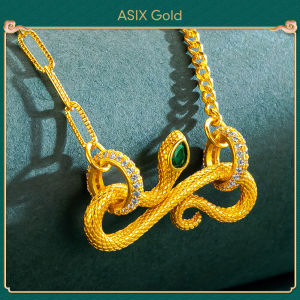 ASIX GOLD 916 gold snake dot diamond emerald necklace 24K gold-plated 18K gold Korean fashion handmade high-end design niche luxury temperament womens necklace No allergies Doesnt turn black Exquisite holiday wedding gifts