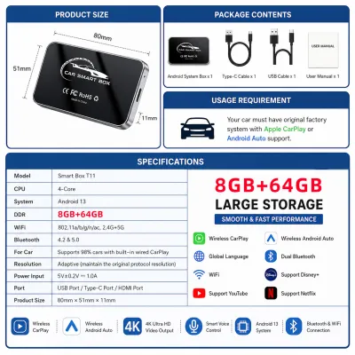 8+64GB CarPlay AI Box Carplay Android 13 Wireless CarPlay Android Auto 4K Video HDMI Smart Car Adapter