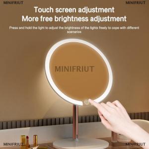 [COD] MINIFRIUT กระจกแต่งหน้ามีไฟ LED พร้อมขาตั้งโลหะกระจกโต๊ะเครื่องแป้งสำหรับหอพักนักเรียนความสว่าง3สปีดและการออกแบบหลายมุม