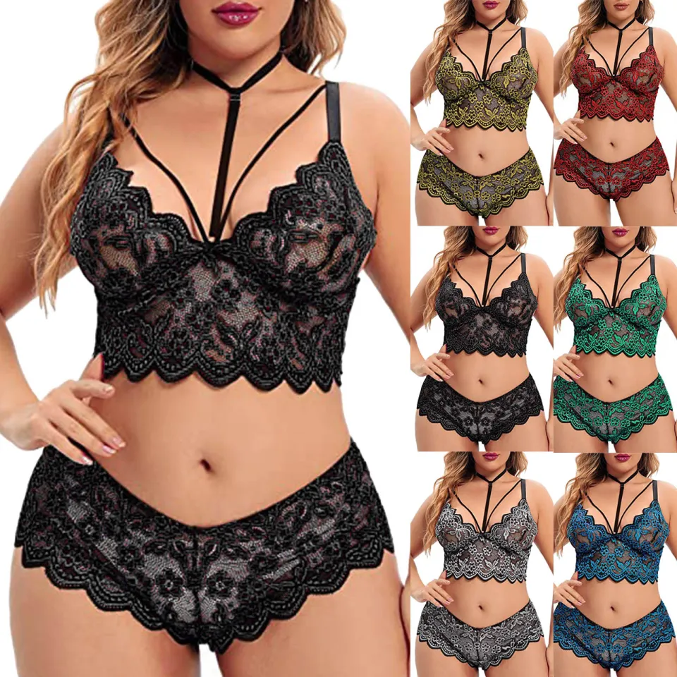 Plus Size Lingerie V Neck High Waist Floral Lace Criss Cross Bra