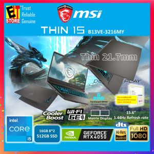 MSI Gaming Laptop THIN 15 AI B13VE-3216MY (I5-13420H/ 8GB OR 16GB RAM /512GB SSD/15.6 IPS FHD 144Hz/6GB NVIDIA RTX4050 / OFFICE 365 BASIC + HOME 2024 /W11/ 1.86KG WEIGHT/2YRS / BACKPACK)