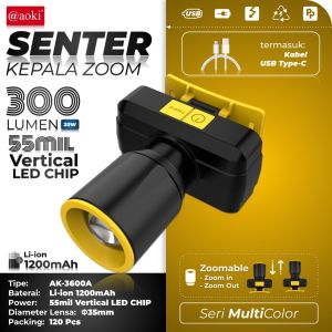 AOKI Senter Kepala Zoom Cahaya dengan USB-C Fokus & Penyebaran Zoom 300 Lumen 3600A AN