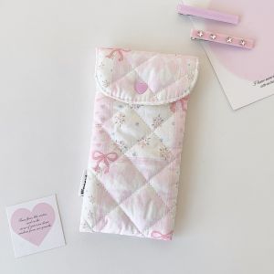 STRONGI Sweet Floral Print Quilted Padded Glasses Case Lace Bow Decor Drop-Proof Pen Bag Cute Portable Cosmetic Storage Pouch School Supplies