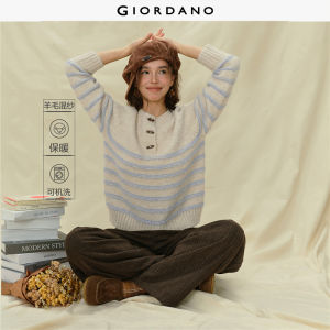 Giordano Women Half placket stripe sweater Free Shipping 18355513