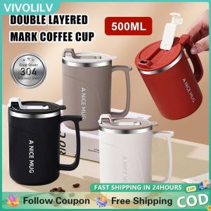 VIVOLILV 500ML Coffee Cup Mug 304 Stainless Steel Vacuum Insulated Tumbler For Hot And Cold Leak-Proof Thermos Mug With Cover And Handle