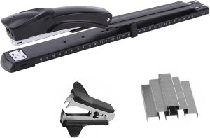 Long Reach Staplerwith 2000 Staples & Stapler Remover Full Strip，20-25 Sheet Capacitywith Built-in Ruler and Adjustable Locking Paper Guide Gray