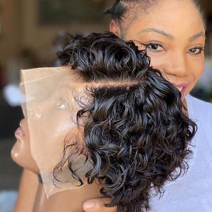 【B.Q】13*4 Lace Frontal Wig Natural Black Curly Pixie Cut Wig 6 Inch 100% Human Hair Wig Brazilian Hair Remy Hair For Woman