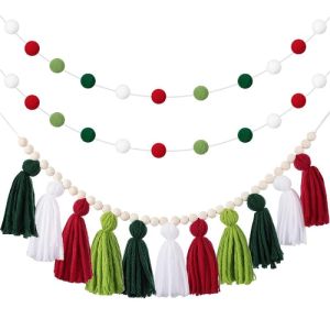 Christmas-themed decorative wooden bead and pom-pom string suitable for home wall decoration wall hanging and specifically designed for childrens rooms