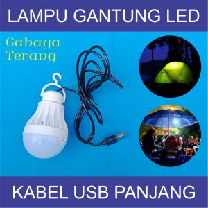 Lampu Bolham LED 5 Watt Gantung Kabel USB Panjang Untuk Penerangan Lapak Jualan Kaki Lima Malam Hari Gerobak Bakso Mie Ayam Etalase Toko Warung Pencahayaan Tenda Camping dengan Sumber Daya Powerbank Adaptor Lampu Darurat Emergency Mati Listrik PLN