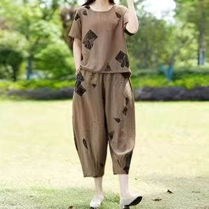 Womens Linen Two-Piece Set Loose Fit Casual T-Shirt & Wide Leg Shorts Breathable Summer Outfit
