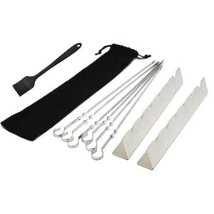 BBQ Steel Long Skewers Stick and Holder Rack 10 Piece Set for Safe Outdoor Cooking Grilling Barbecue Experience