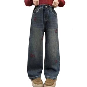 Fashionable Wide Leg Denims Pants for Kids Girls with Elastic Waistband Embroidery Heart Baggy Loose Fit Jeans Trousers