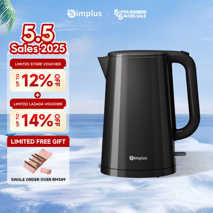 Simplus Electric Jug Kettle (1.7L/1500W) 304 Stainless Steel Auto Power Off Boil-Dry Protection