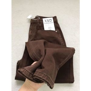 Womens American Vintage Coffee Brown Slim Straight Jeans High Waist Loose Slimming Casual Streetwear Spring Autumn New Arrival2026