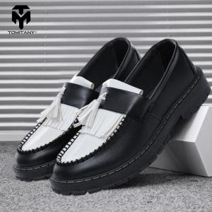 TOMITANY  Mens Black&White Penny Loafers Wedding Leather Shoes Low Top Casual Leather Shoes British Style