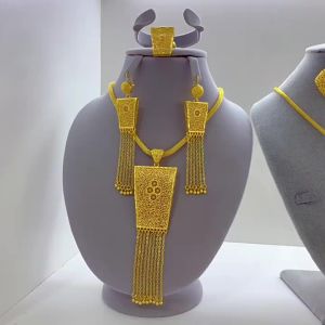 Large Square Tassel 24K Middle East Dubai Gold-Plated Necklace Earrings Ring Set Decorations Imitation Gold Jewelry Banquet Accessories