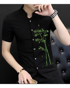 Áo sơ mi nam cộc tay cổ đứng họa tiết thiên nhiên cây trúc độc lạ - H94