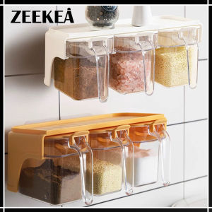 Zeekea 3 Grids Seasoning Box with Handle and Spoon Seasoning Storage Container Rack Combo Set with Removable