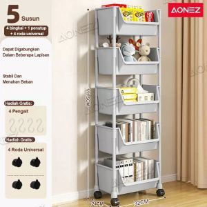 AONEZ Rak Buku susun Rak Buku portable Lemari Buku Plastik Rak Portable Roda Rak Mainan Rak Roda Toy Storage 3/4/5 Susun