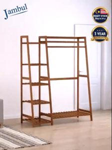 Wooden Clothes Drying Rack Hanging Rack Wardrobe Coat Rack Cabinet Multifunction Almari Rak Baju Penyangkut Pakaian 晾衣架