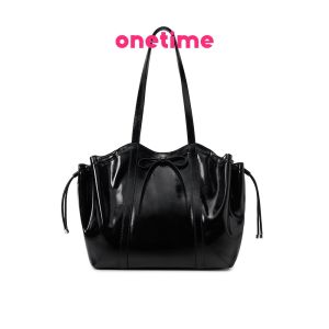 onetime Bow Tote Bag Large Capacity Handbag Fashion Black Leather Retro