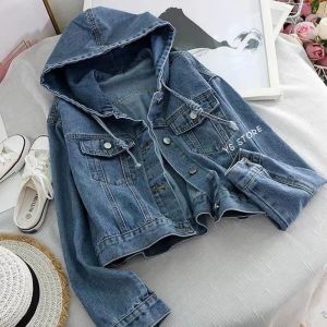 Jaket Crop Jeans Wanita - Jaket Crop Hodie Model Lengan Balon - Jaket Crop Wanita Terbaru