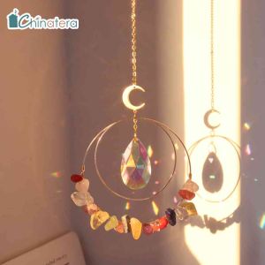 Chinatera Geometric Natural Stone Crystal Pendant Wind Chime Prism Sun Catcher Rainbow Chaser Moon Circle Hanging Metal Ornament Windchime Window Curtain Home Decor