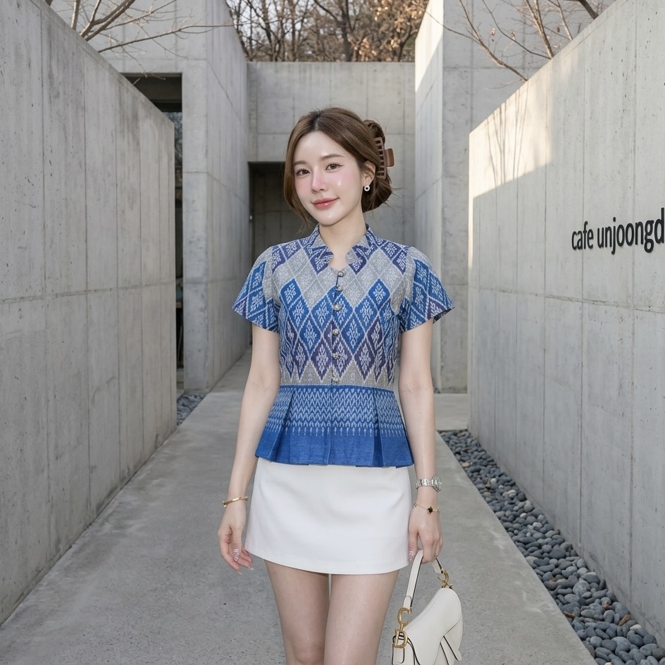 LANNA เสื้อคอจีนระบายเอวเข้ารูป ผ้าฝ้ายพิมพ์ลายสวย ใส่ทำงานสุภาพ ไซส์S-XXL มุมมองที่ 8