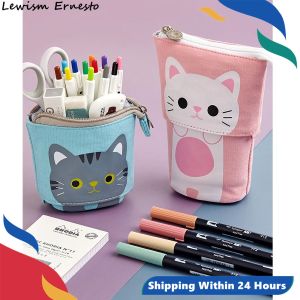 LE Pen Pencil Bag Case Cartoon Cute Cat Bear Sheep Canvas Fold Standing Holder Stationery Organizer Kids Gift New