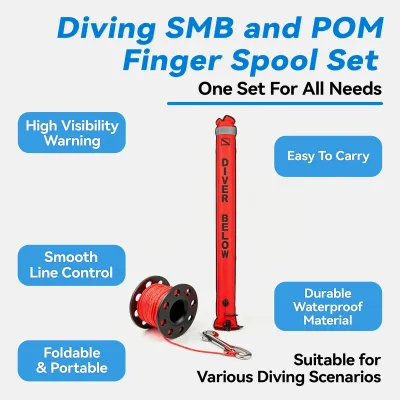 Diving SMB buoy & line reel integrated safety kit bright red high visibility warning design lightweight portable ideal essential gear for all divers open water diving safety.
