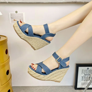 [Free Shipping] Summer New WomenS Shoes Denim Rope Wedge Sandals WomenS Hot Selling WomenS Sandals